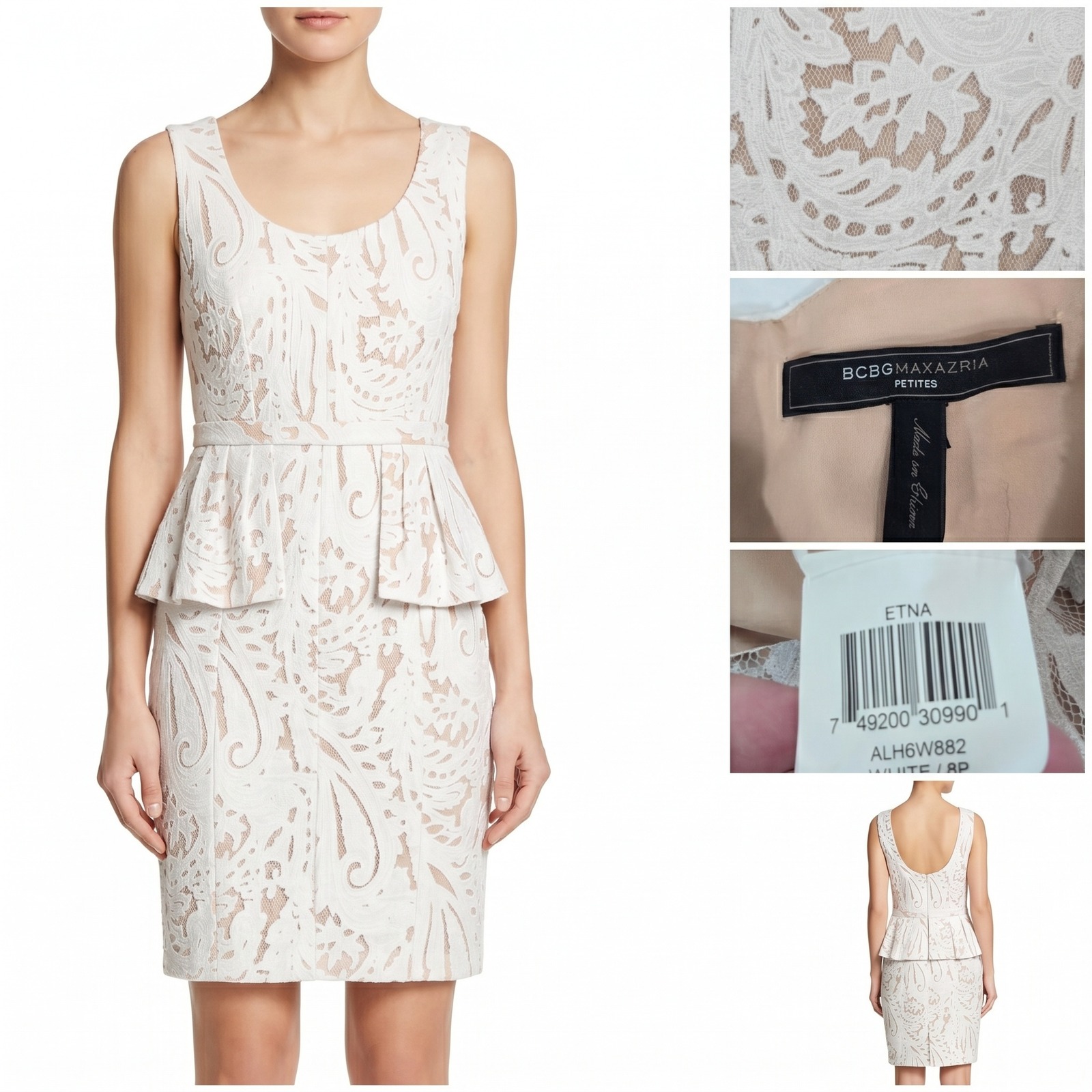 Bcbgmaxazria Lace Peplum Dress White Nude Petite 8p Sheath Cocktail Event Womens